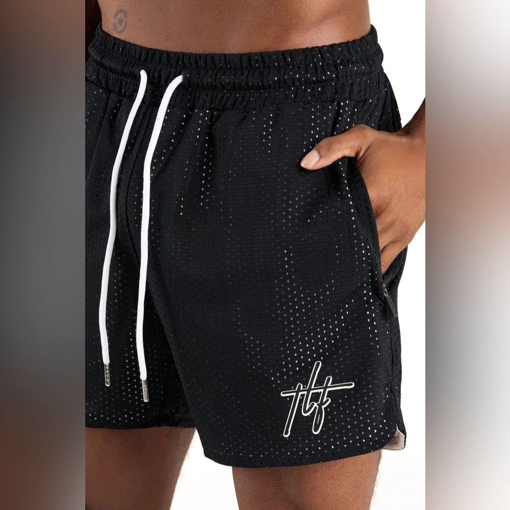 TLF Men's Black Athletic Mesh Shorts with White Drawstring